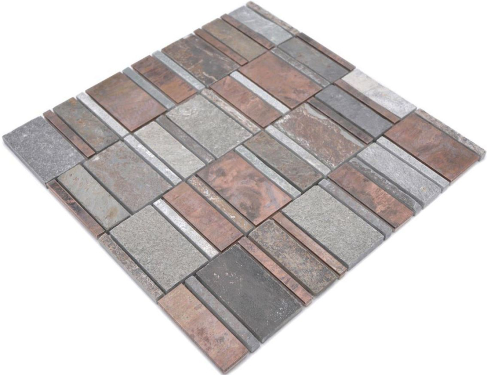 Mosaico de cobre marron oxido piedra gris cuarzo panel de mosaico de azulejos de pared - 47-575