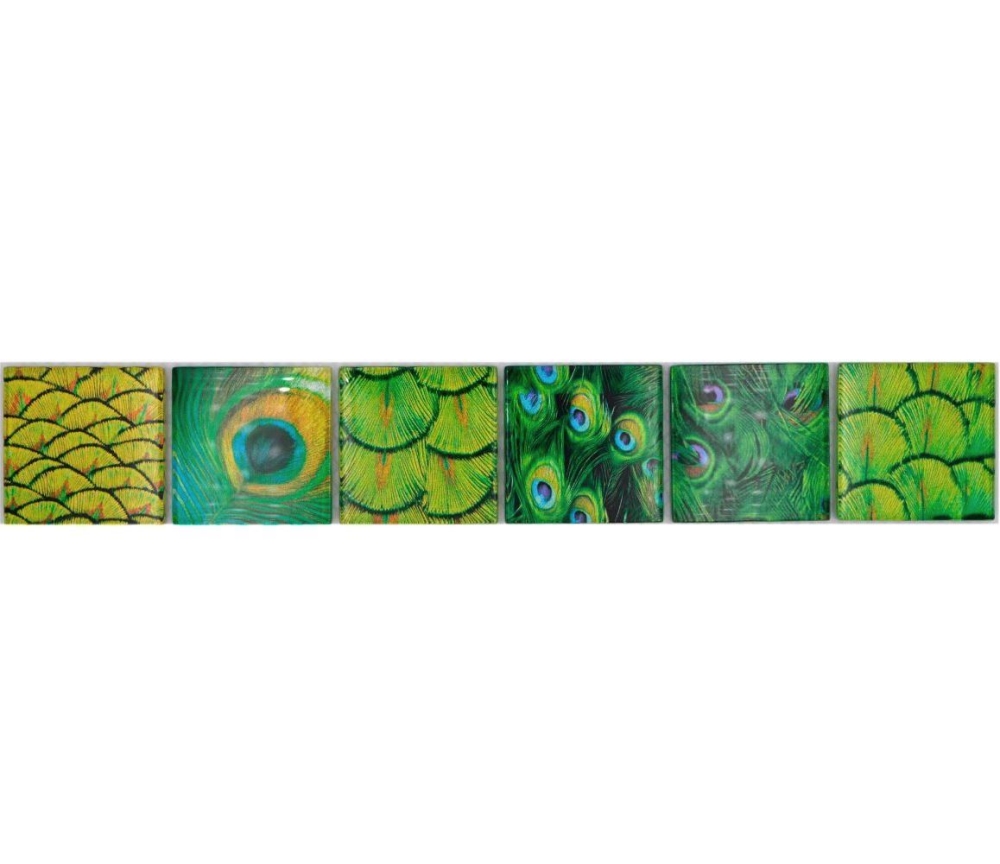 Mosaik Borde Bordüre Glasmosaik Tierwelt Pfau Dunkelgrün hellgrün gelb