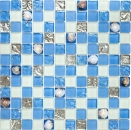Muschelmosaik Glasmosaik weiss blau silber Fliesenspiegel 82B-0104