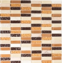 Riemchen Rechteck Mosaikfliesen Glasmosaik Stäbchen beige braun ockerorange Naturstein Küchenrückwand Fliesenspiegel - S87-1206