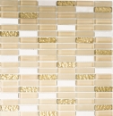 Riemchen Rechteck Mosaikfliesen Glasmosaik Stäbchen weiß gold braunbeige Naturstein Marmor Fliesenspiegel Küche Wand - 87-1202