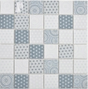 Retro Vintage Mosaik Recycling Glas orientalisches Muster Weiß Blau Wandfliese Bad - 16-0104