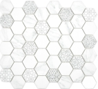 Retro Vintage Mosaik recycling Glas Hexagon mit Muster Weiß Hellgrau Wand Bad - 16-0222