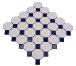 Mosaique octogonale blanc mat avec bleu brillant Ceramique aspect octogone